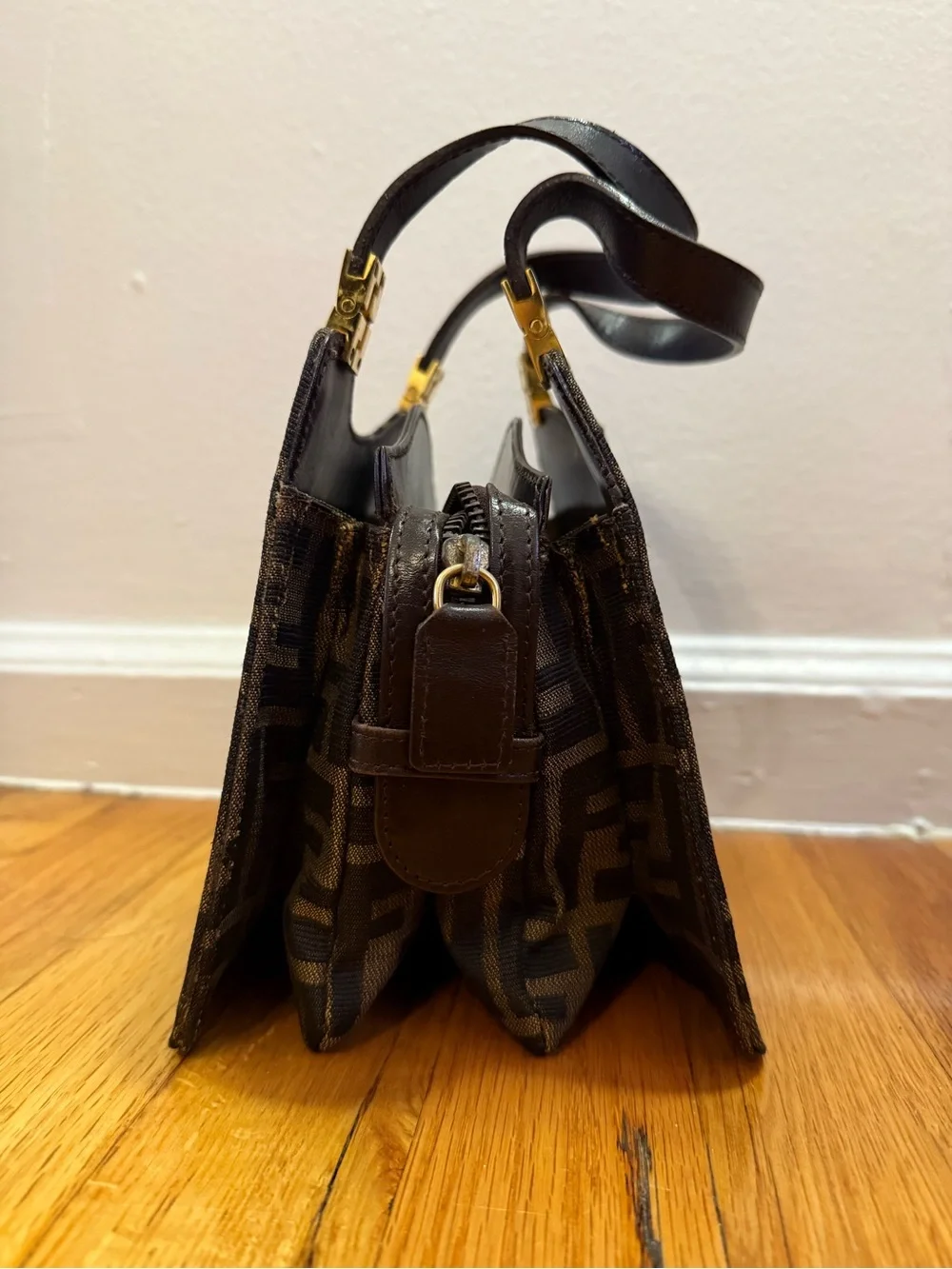 Fendi Black and Brown FF Canvas Satchel with Gold Hardware